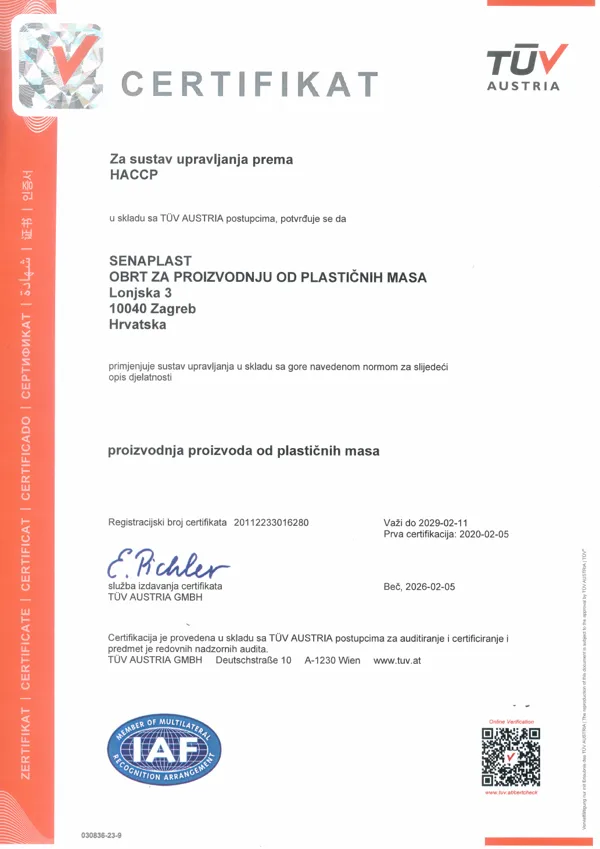 Prva stranica HACCP certifikata TÜV Austria