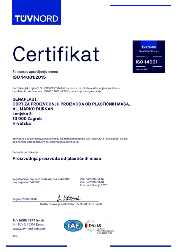 Prva stranica certifikata ISO 14001:2015 TÜV NORD